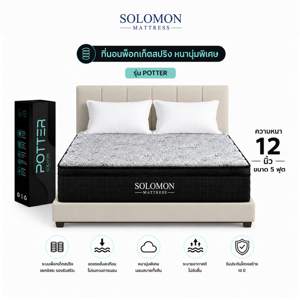 ที่นอนพ็อกเก็ตสปริง 5 ฟุต SOLOMON รุ่น POTTER หนา 12 นิ้ว จัดส่งแบบอัดสุญญากาศ